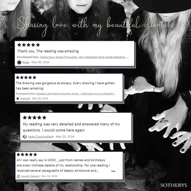 May include: Black and white image of two people with their hands outstretched. The image has text that reads "Sharing love with my beautiful clients." and includes several five-star reviews with text about psychic readings and drawings.