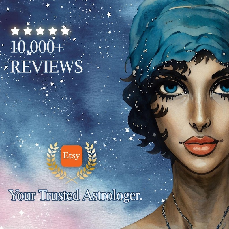 May include: A watercolor illustration of a woman with dark hair and blue eyes wearing a blue headscarf. The background is a starry night sky with a pink and blue gradient. The text "10,000+ REVIEWS" and "Your Trusted Astrologer." are also visible. The Etsy logo is in the lower left corner.