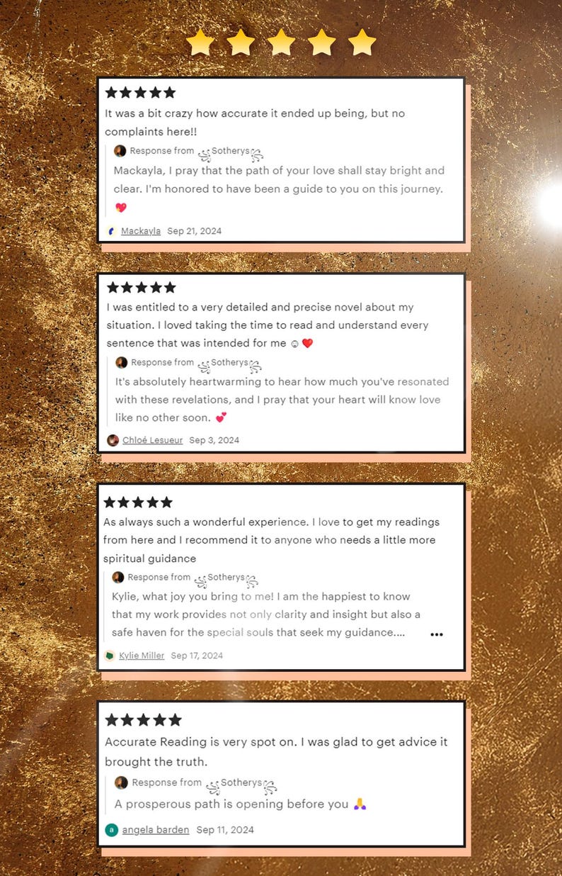 May include: Five-star reviews for a spiritual guidance service. The reviews highlight the accuracy of the readings, the warmth and heart of the reader, and the positive impact the readings have had on the clients.