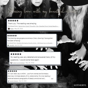 May include: Black and white image of two people with their hands outstretched. The image has text that reads "Sharing love with my beautiful clients." and includes several five-star reviews with text about psychic readings and drawings.