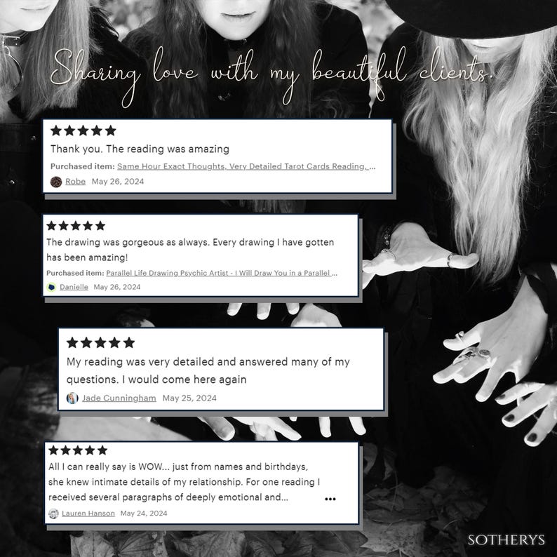 May include: Black and white image of two people with their hands outstretched. The image has text that reads "Sharing love with my beautiful clients." and includes several five-star reviews with text about psychic readings and drawings.