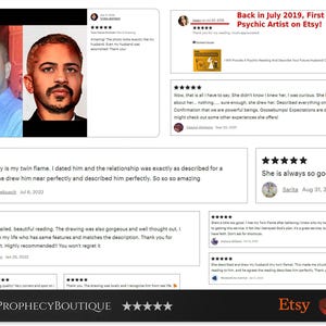 May include: Etsy listing image featuring a psychic artist's services. The image includes a split portrait, customer reviews, and the shop's logo. Text includes "Back in July 2019, First Psychic Artist on Etsy!" and customer testimonials.