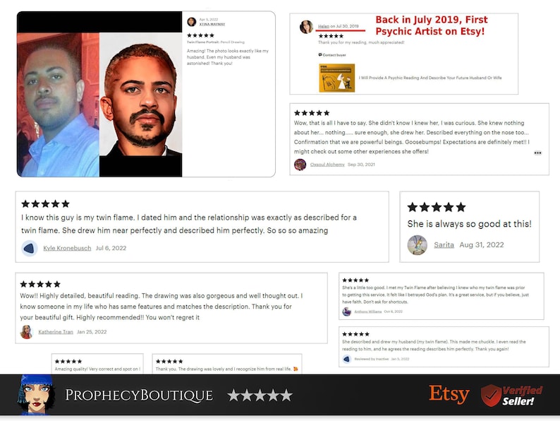 May include: Etsy listing image featuring a psychic artist's services. The image includes a split portrait, customer reviews, and the shop's logo. Text includes "Back in July 2019, First Psychic Artist on Etsy!" and customer testimonials.