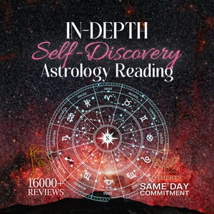 May include: An astrology reading graphic with a cosmic background. The image features a circular zodiac chart with astrological symbols. Text reads "IN-DEPTH Self-Discovery Astrology Reading" and "16000+ Reviews".