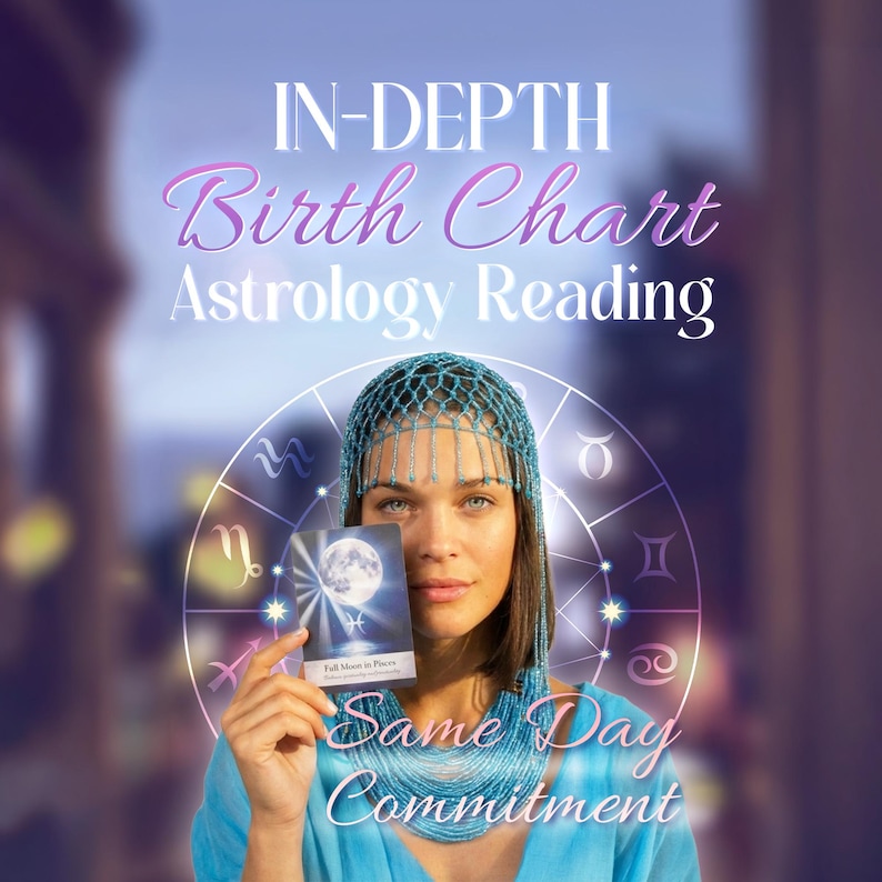 May include: A woman wearing a blue beaded headpiece and necklace holds a card with a full moon image. The image includes text that reads "IN-DEPTH Birth Chart Astrology Reading" and "Same Day Commitment."