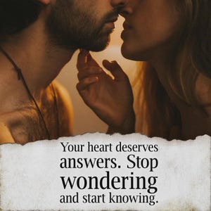 May include: A close-up image of two people about to kiss. The image has a warm, golden hue. The text at the bottom reads: "Your heart deserves answers. Stop wondering and start knowing."