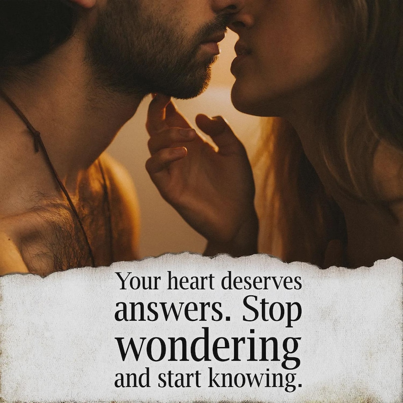 May include: A close-up image of two people about to kiss. The image has a warm, golden hue. The text at the bottom reads: "Your heart deserves answers. Stop wondering and start knowing."