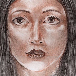 May include: A black and white pencil drawing of a woman's face. The woman has long dark hair, brown eyes, and a neutral expression.