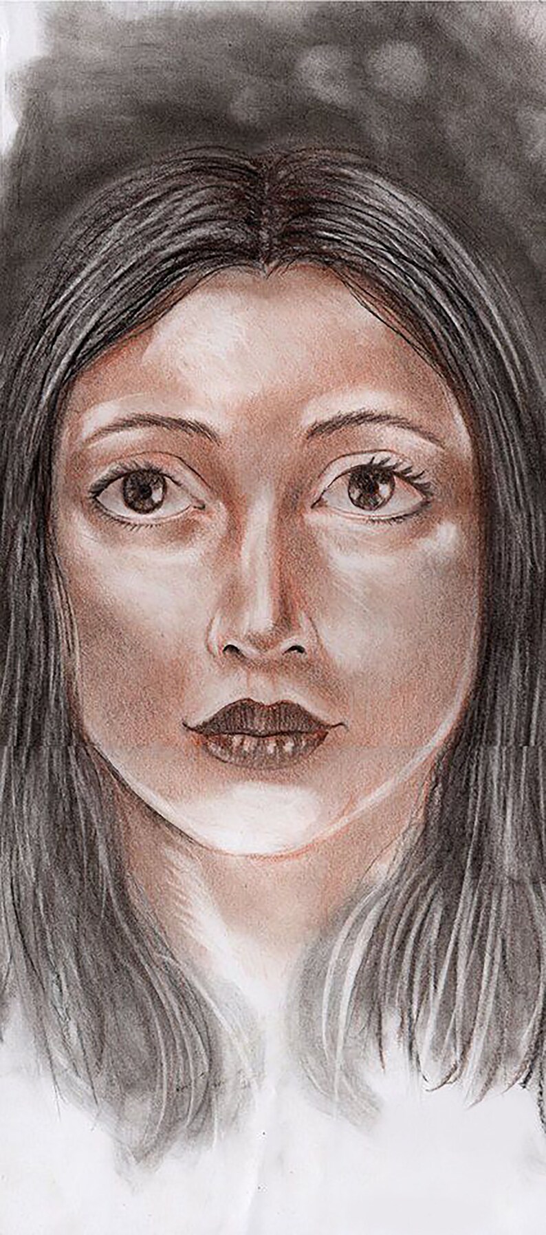 May include: A black and white pencil drawing of a woman's face. The woman has long dark hair, brown eyes, and a neutral expression.