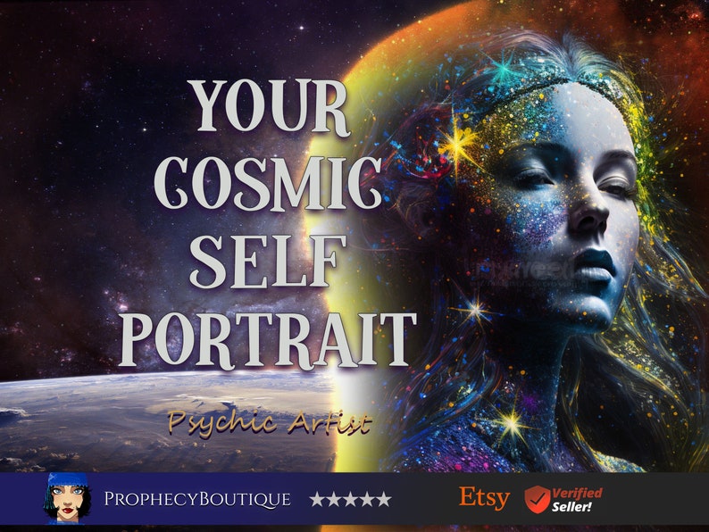 Może przedstawiać: Cyfrowa ilustracja artystyczna twarzy kobiety na kosmicznym tle. Twarz kobiety składa się z gwiazd i galaktyk. Tekst "Your Cosmic Self Portrait" jest napisany białymi literami na czarnym tle.