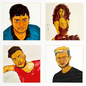 May include: Four square paintings featuring portraits. The portraits are painted in a loose, expressive style with bold colors. The subjects include a person in a blue shirt, a person in a red shirt, a person in a black shirt, and a person in a red dress.