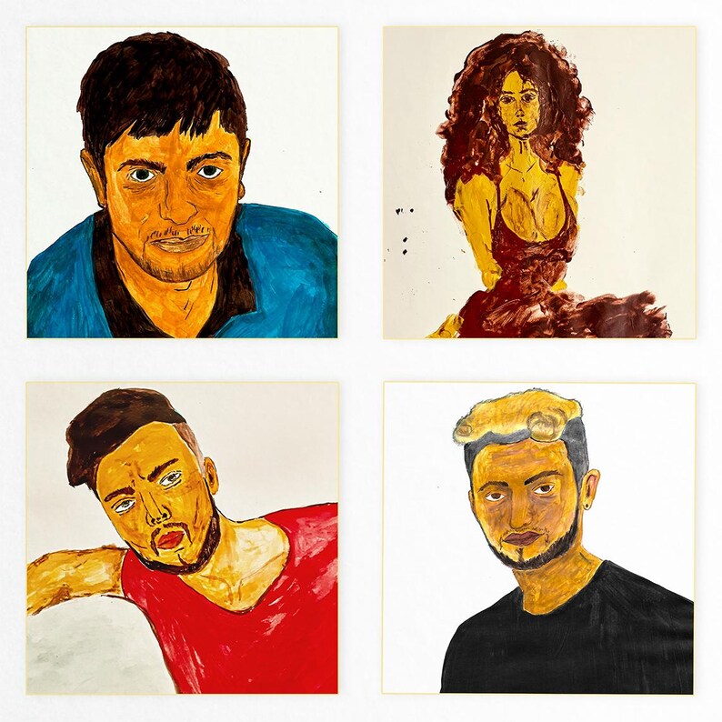 May include: Four square paintings featuring portraits. The portraits are painted in a loose, expressive style with bold colors. The subjects include a person in a blue shirt, a person in a red shirt, a person in a black shirt, and a person in a red dress.