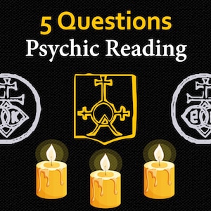 May include: An image with the text "5 Questions Psychic Reading" in yellow and white. The image features three lit candles, two circular symbols, and a central yellow emblem, all set against a black background.
