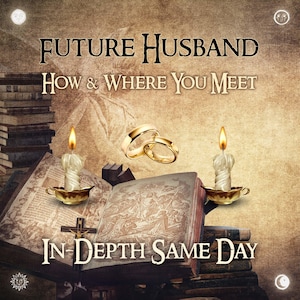 Può includere: Immagine in stile vintage con il testo "FUTURE HUSBAND How & Where You Meet IN-DEPTH SAME DAY". Presenta due fedi d'oro, candele accese e un libro aperto con una croce. Lo sfondo è in tonalità seppia.