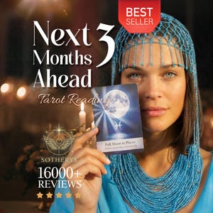 May include: A woman holds a tarot card with a full moon illustration and the text "Full Moon in Pisces." The image includes the text "Next 3 Months Ahead Tarot Reading" and "Best Seller." The woman wears a blue beaded headpiece and necklace.