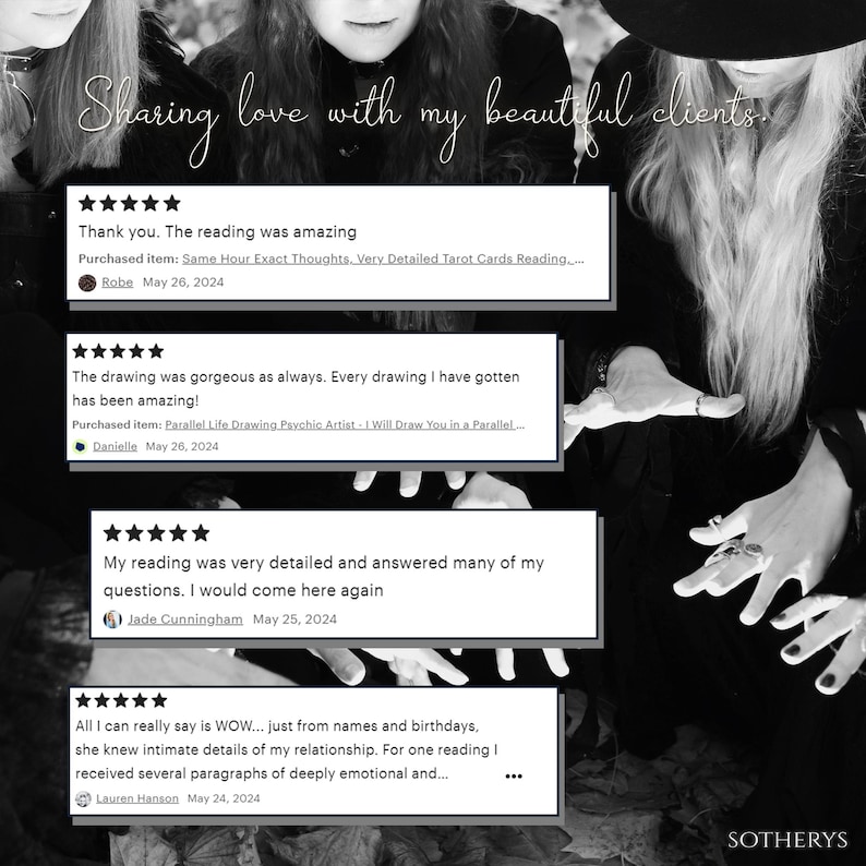 May include: Black and white image of two people with their hands outstretched. The image has text that reads "Sharing love with my beautiful clients." and includes several five-star reviews with text about psychic readings and drawings.