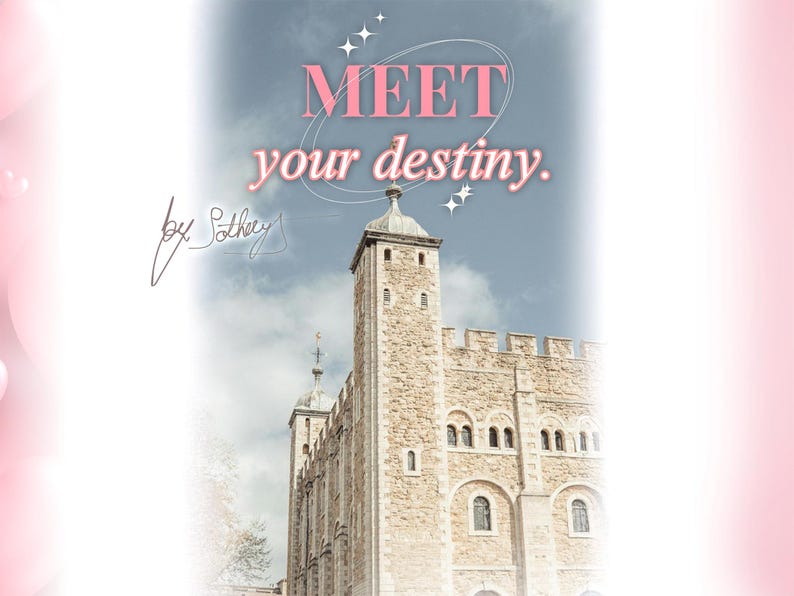 May include: A pink and white graphic with the text "MEET your destiny." and a signature that says "by Sotheby's". The graphic is superimposed over a photo of a stone building with a tower.
