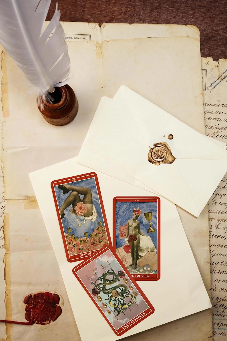 May include: An antique-style still life featuring tarot cards, envelopes with wax seals, and a quill pen in an inkwell. The tarot cards have red borders and feature illustrations. The envelopes are sealed with brown wax.