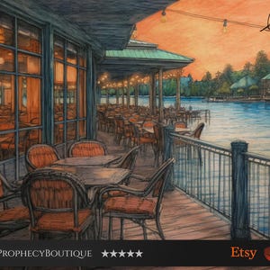 May include: A colored drawing of an outdoor restaurant patio overlooking a lake at sunset. The scene features dark metal chairs with orange cushions, wooden tables, and string lights under a roof, with a calm blue lake in the background.