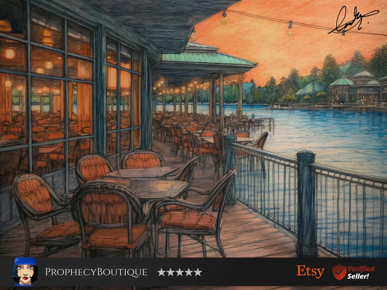 May include: A colored drawing of an outdoor restaurant patio overlooking a lake at sunset. The scene features dark metal chairs with orange cushions, wooden tables, and string lights under a roof, with a calm blue lake in the background.