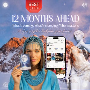 May include: An advertisement for a psychic service, featuring a woman holding a card with a moon design. The card reads "Full Moon in Pisces". The image also includes the text "12 Months Ahead" and a phone displaying an Etsy shop.