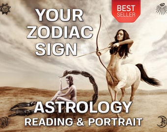 May include: A digital illustration of a woman with a horse's body and a bow and arrow, and a scorpion. The text "YOUR ZODIAC SIGN ASTROLOGY READING & PORTRAIT" is below the image.