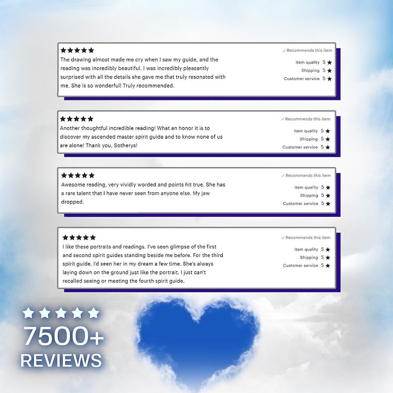 May include: Five-star reviews for a service with over 7,500 positive customer testimonials. The reviews highlight the quality of the service, the shipping speed, and the customer service.