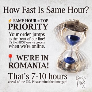 May include: An hourglass with blue sand and ornate metal detailing is featured in this image. Text includes "How Fast Is Same Hour?" and "Same Hour = Top Priority." The text also states the business is in Romania, 7-10 hours ahead of the US.
