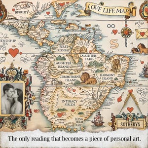 K&ouml;nnte beinhalten: Eine dekorative Karte im Vintage-Stil, die sich mit Liebe und Beziehungen befasst. Sie zeigt Orte wie "Laughter Island" und "Intimacy Fields". Die Karte enth&auml;lt ein Foto eines sich k&uuml;ssenden Paares und den Text "LOVE LIFE MAP".