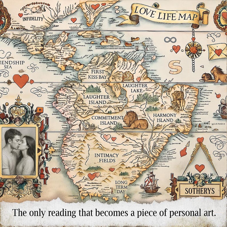 K&ouml;nnte beinhalten: Eine dekorative Karte im Vintage-Stil, die sich mit Liebe und Beziehungen befasst. Sie zeigt Orte wie "Laughter Island" und "Intimacy Fields". Die Karte enth&auml;lt ein Foto eines sich k&uuml;ssenden Paares und den Text "LOVE LIFE MAP".