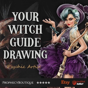 Puede incluir: Una ilustración digital de una bruja con cabello azul y rubio que lleva un vestido morado y un sombrero de bruja. Ella sostiene una escoba con una linterna en el extremo. El texto "YOUR WITCH GUIDE DRAWING Psychic Artist" está en la imagen. El texto "PROPHECYBOUTIQUE" y cinco estrellas también están en la imagen.