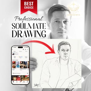 May include: Image promoting "Professional Soulmate Drawing" with a sketch of a man. The image includes a phone displaying an Etsy shop interface. Text reads "Best Choice" and "Sotherys".