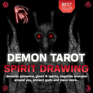May include: A black and white illustration of a demon with red eyes. The text "DEMON TAROT SPIRIT DRAWING" is written in white letters on a black background. The text "demonic presence, ghost & spirits, negative energies around you, ancient gods and many more..." is written in white letters on a black background.