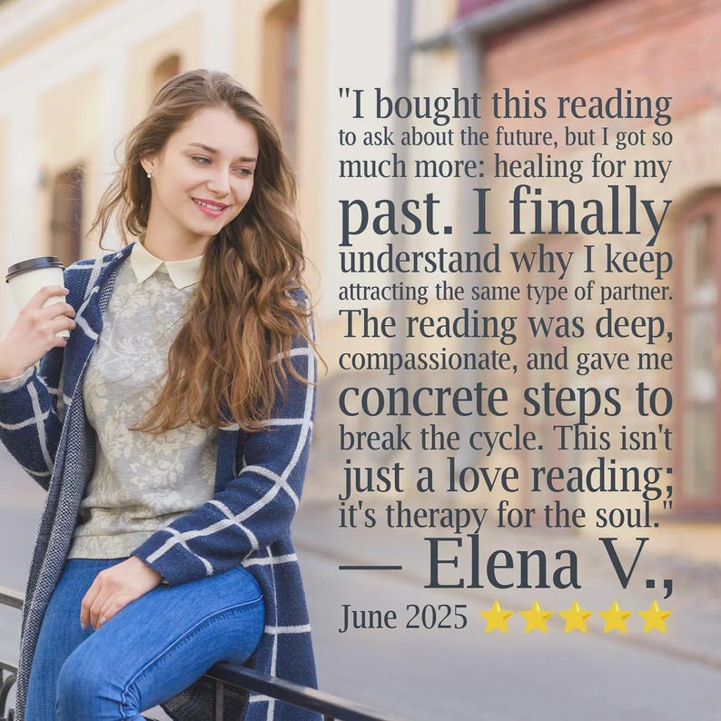 May include: A woman holding a coffee cup, smiling, with long brown hair, wearing a patterned top, blue jeans, and a blue and white patterned cardigan. Text on the right reads: "I bought this reading...therapy for the soul." - Elena V., June 2025.