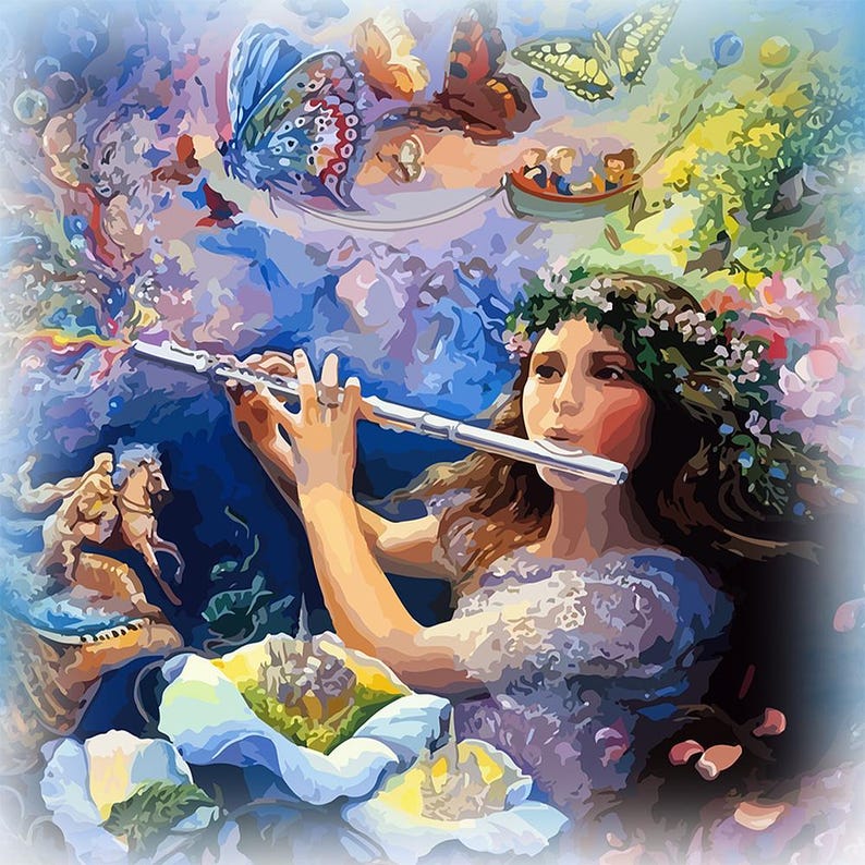 May include: A young woman with a flower crown plays a silver flute in a whimsical setting. Butterflies, flowers, and a boat with people float in the background. The scene is painted in vibrant colors.