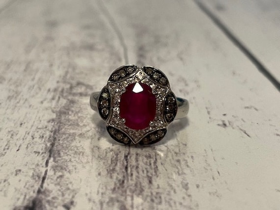 Sterling Silver Ruby Ring with Diamond Accents, S… - image 1