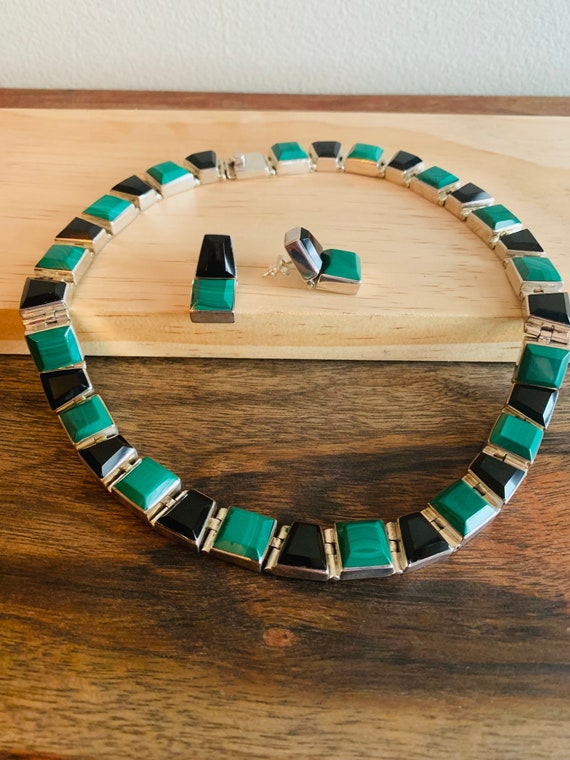 Sterling Silver Malachite & Black Onyx Necklace a… - image 6