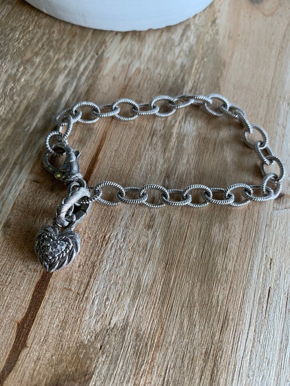 Sterling Silver Bracelet w/ Heart Charm w/ cubic … - image 1