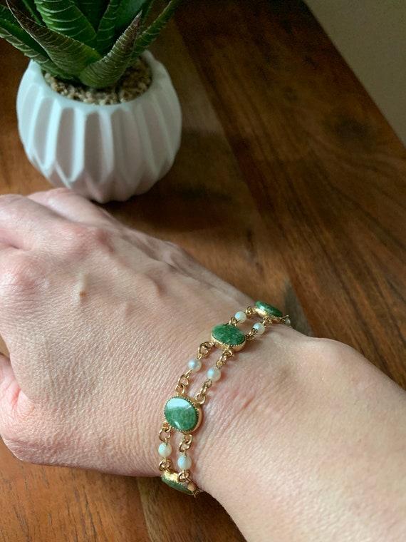 Double Strand, Gold Filled, Jade Bracelet with Cu… - image 2