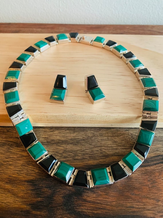 Sterling Silver Malachite & Black Onyx Necklace a… - image 1