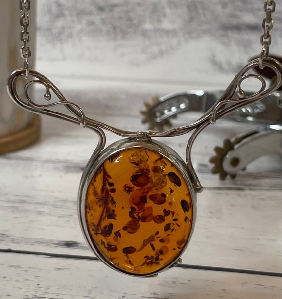 Herstory Sterling Silver Large Synthetic Amber Ne… - image 3