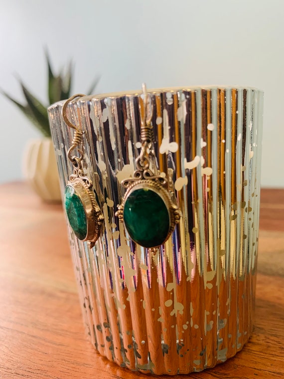 Sterling Silver Emerald Dangle Earrings - image 2