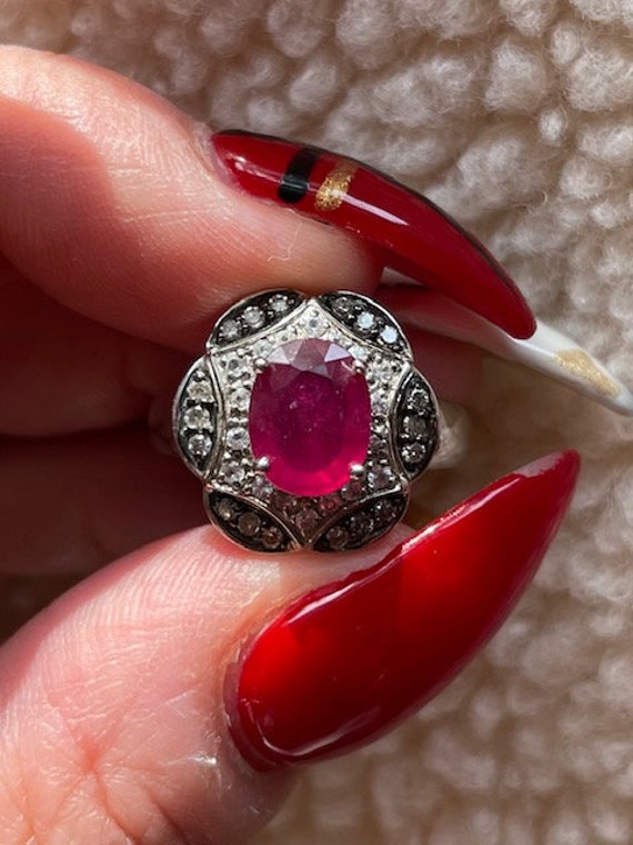 Sterling Silver Ruby Ring with Diamond Accents, S… - image 2