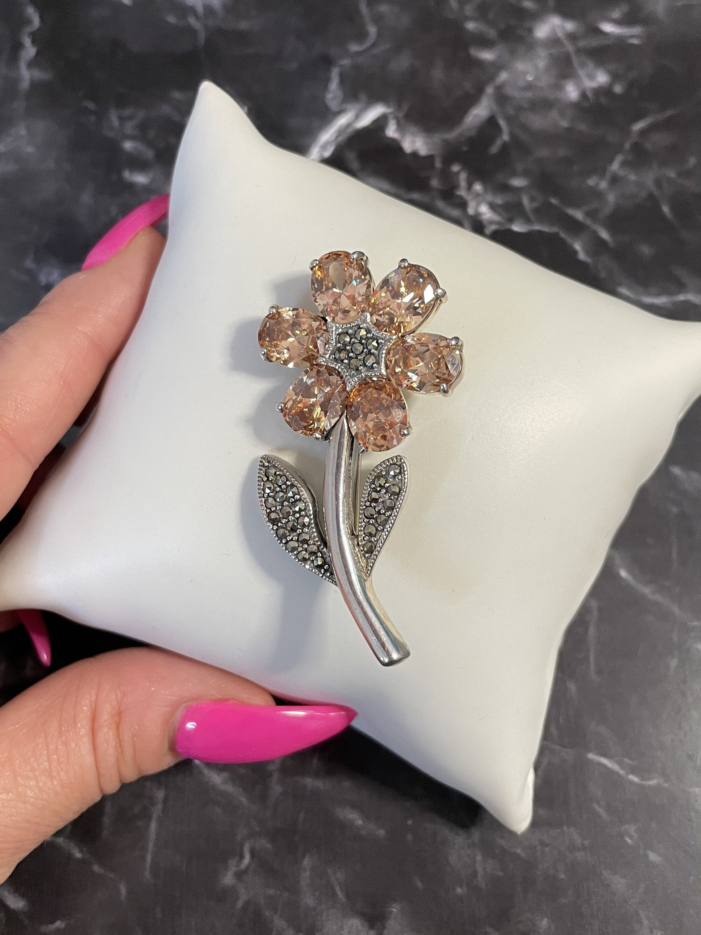 Just Peachy Sterling Silver Flower Pin With Marcasite & Peach