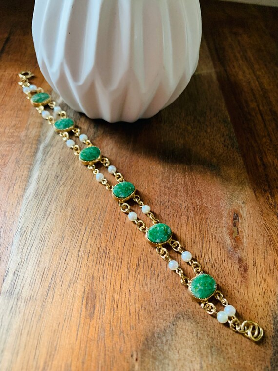 Double Strand, Gold Filled, Jade Bracelet with Cu… - image 5