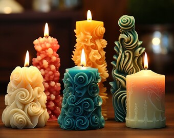 May include: Six decorative candles with intricate designs. The candles are in various colors, including yellow, red, blue, and green. The candles are arranged on a wooden surface.