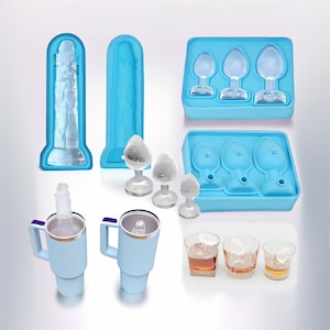 May include: Set of blue silicone ice cube molds for making various shapes, including a tall, thin shape, a shorter, wider shape, and three smaller, round shapes. The molds are shown with ice cubes in them, and there are also three glasses with the ice cubes in them.