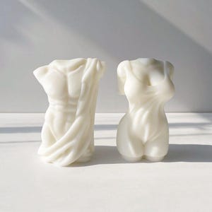 Może przedstawiać: Dwie białe ceramiczne rzeźby torsów. Jedna to męski tors z draperią, druga to żeński tors w prostej sukience.