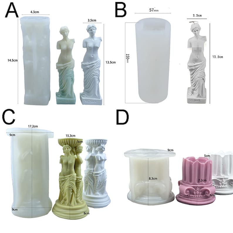 Pu&ograve; includere: Quattro stampi in silicone per realizzare candele. Gli stampi hanno la forma di una colonna, di un piedistallo e di due statue della dea greca Venere. Gli stampi sono bianchi e misurano 17,2 cm, 15,3 cm, 13,5 cm e 8,3 cm di altezza.