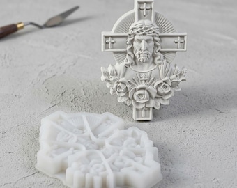 Jesus on the Cross Wall Decoration Plaster Silicone Mould,Religious Rose Relief Resin Ornaments Mold